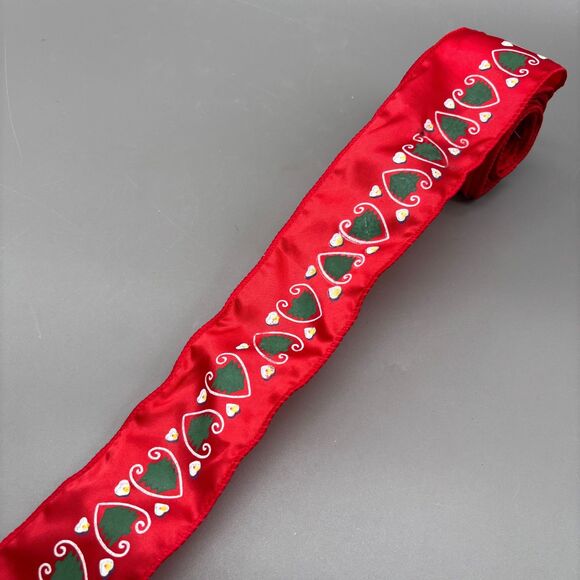 Vintage Wired Satin Christmas Ribbon 80s Folk Art Red Hearts Trees Print 5+ Yds - Picture 2 of 9